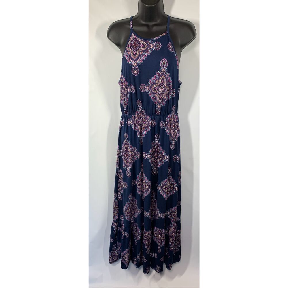 French Grey Women's Sleeveless Keyhole Maxi Halter Dress Blue Size Medium